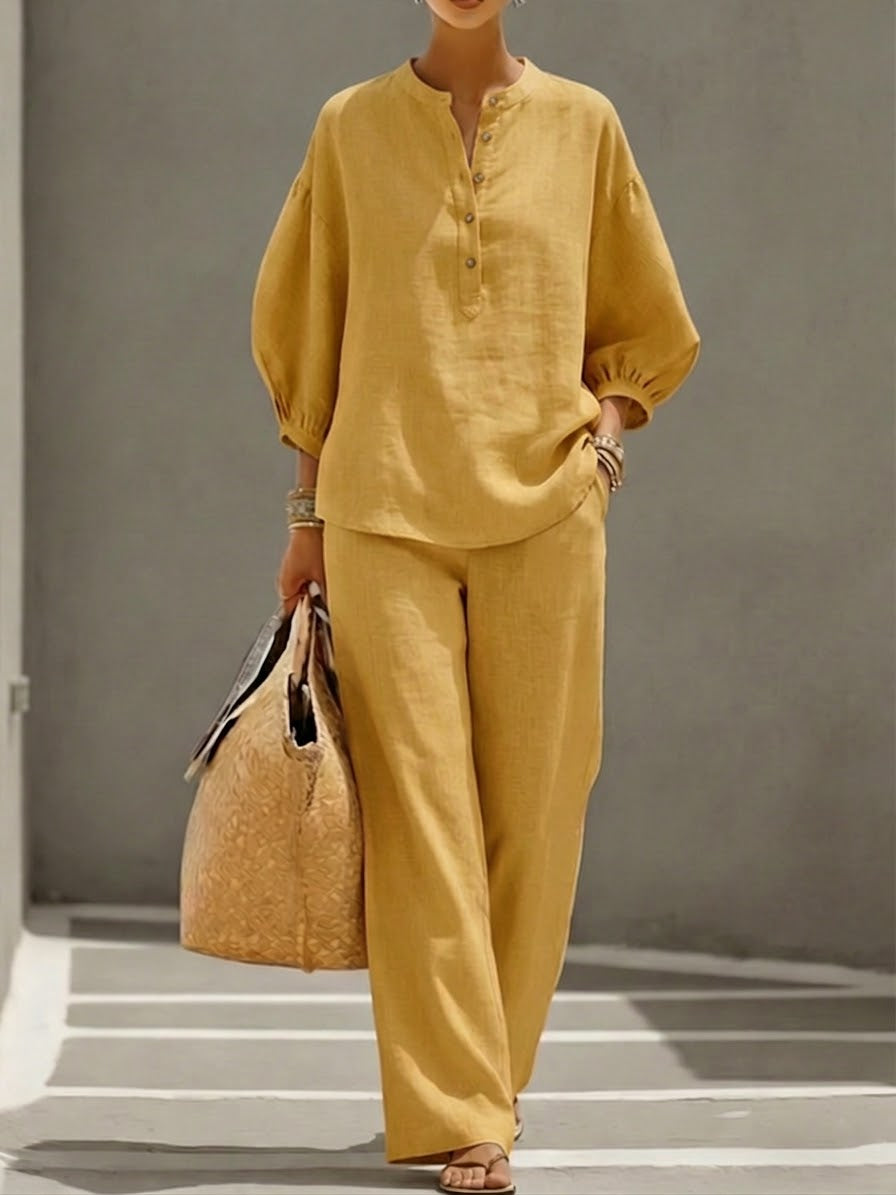 Casual Linen And Cotton Two-piece Set