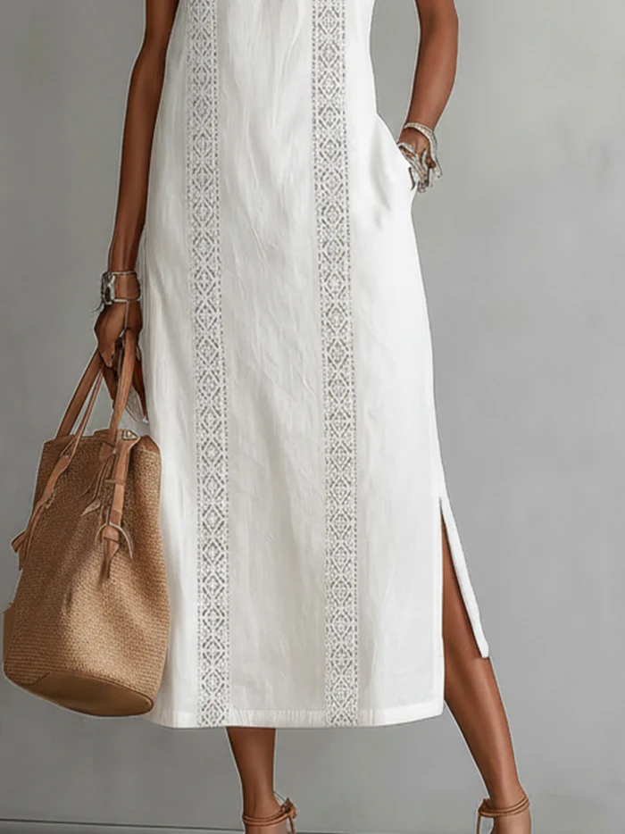 🌿 Vestido Minimalista de Lino con Encaje Estilo Retro y Acogedor — Atemporal. Elegante. Tú, sin esfuerzo.