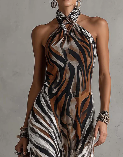 Robe longue sexy à imprimé animal avec col licou élégant