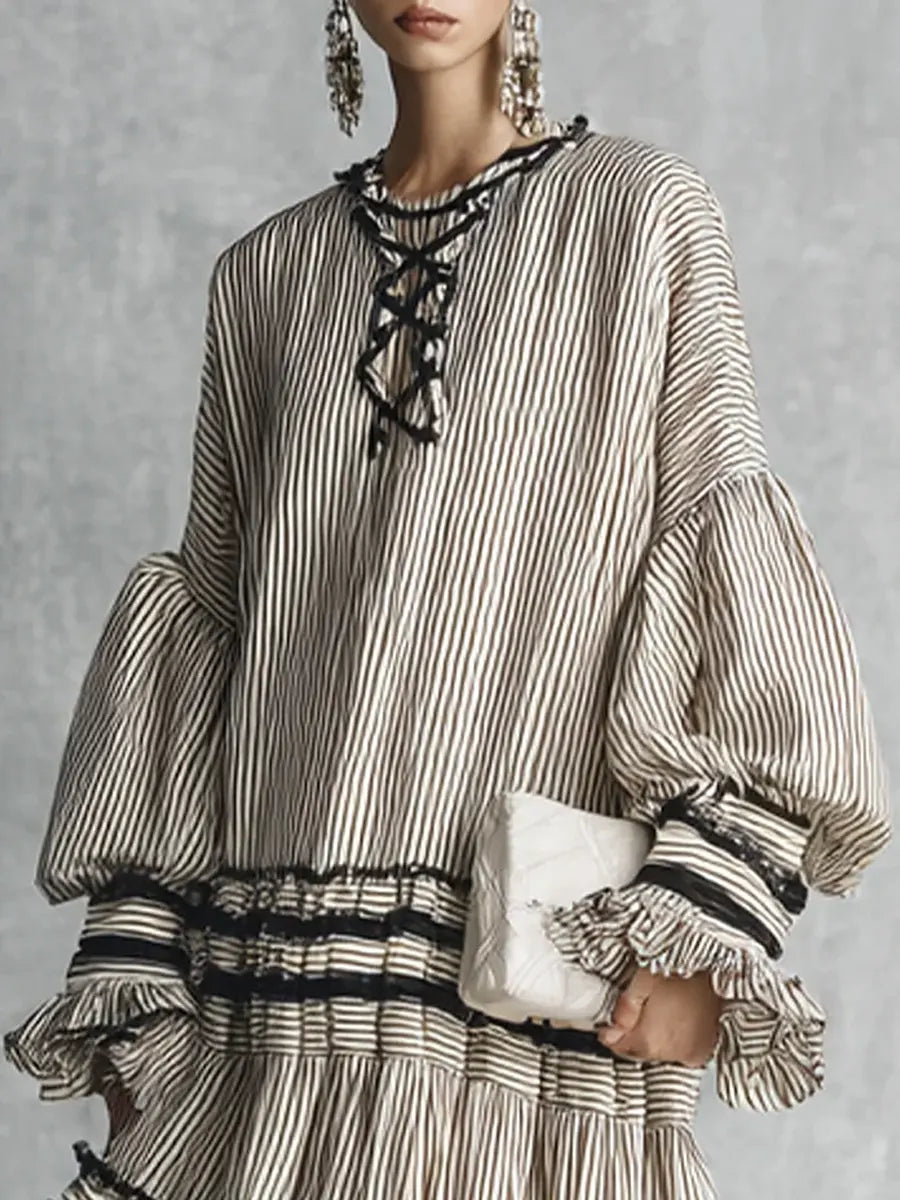 Robe longue décontractée en coton à rayures et à volants pour femme, idéale pour les vacances