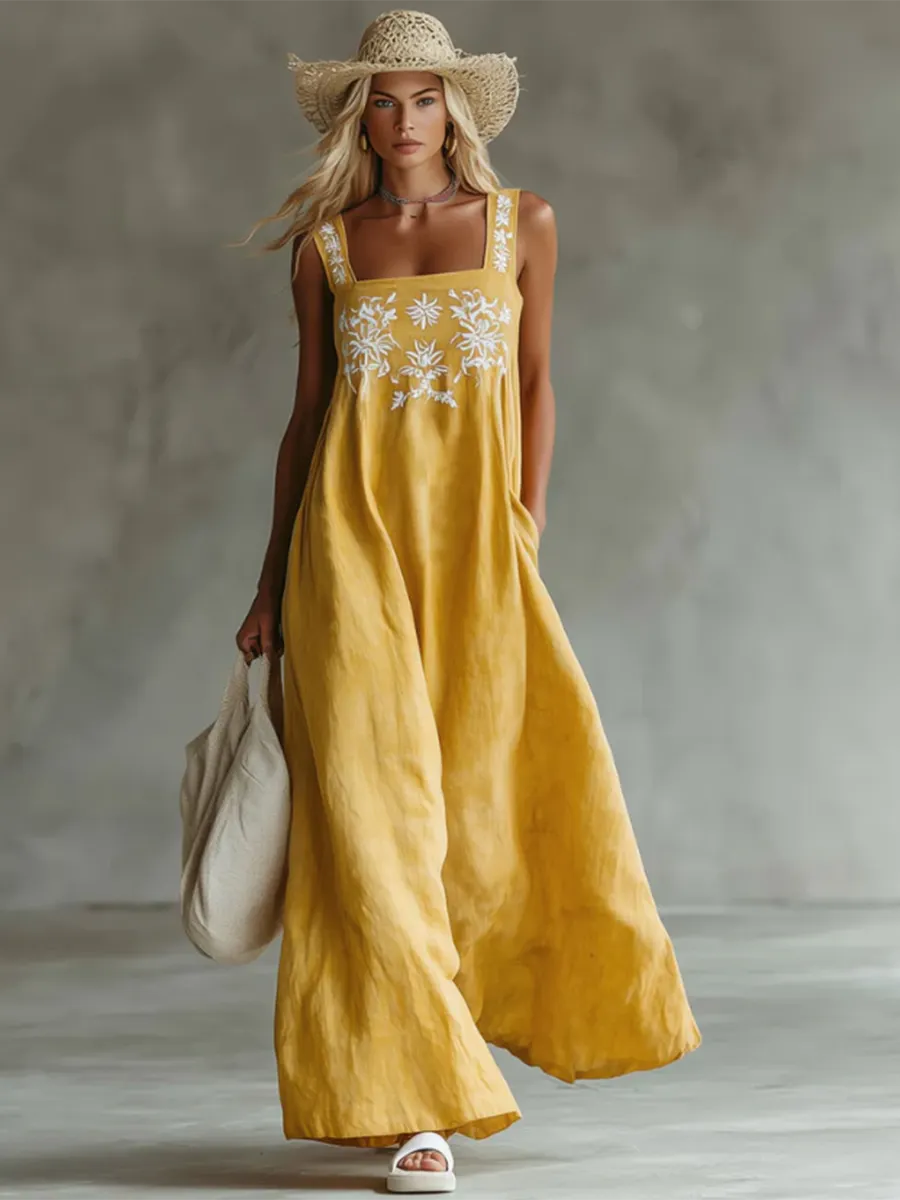 Casual Bohemian Floral-print Cotton-linen Dress