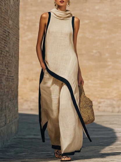 Conjunto de dos piezas de lino y algodón elegante con corte artístico