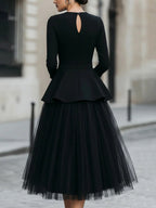 Women's Round-neck 3/4-sleeve Loose Casual Top & High-waisted Mesh Skirt Set