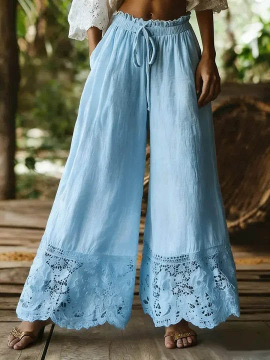 Women's Solid Color High-waisted Drawstring Wide-leg Pants With Cotton And Linen Lace Trim