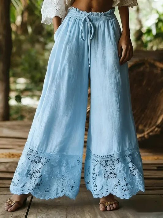 Pantalones anchos de mujer de color liso, talle alto, con cordón y ribete de encaje de algodón y lino