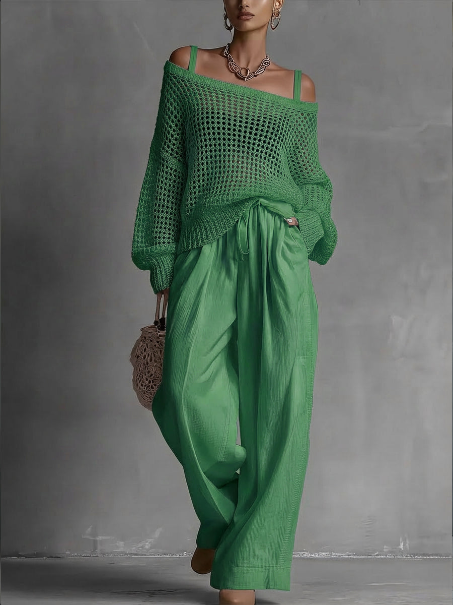 Women's Cozy Openwork Knit Top And Linen-cotton Pants Two-piece Set.