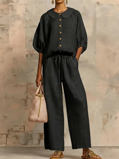 Stylish Peter Pan Collar Shirt And Wide-leg Pant Linen Two-piece Set