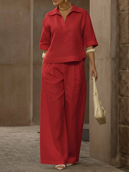 Conjunto de dos piezas de camisa de lino y algodón casual de mujer y pantalones de pierna ancha