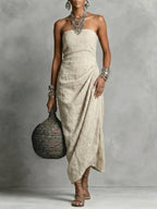 Women's Elegant Strapless Ruched Linen Cotton Dress
