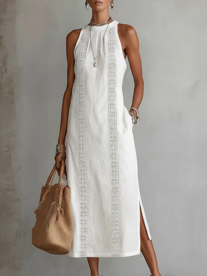 🌿 Vestido Minimalista de Lino con Encaje Estilo Retro y Acogedor — Atemporal. Elegante. Tú, sin esfuerzo.