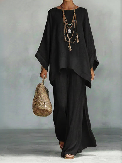 Women's Comfortable, Loose-fitting Linen And Cotton Top And Wide-leg Pants Two-piece Set.