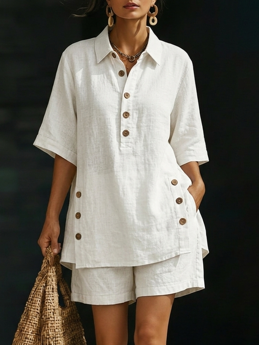 Ensemble deux pièces chemise boutonnée ample et short en lin douillet
