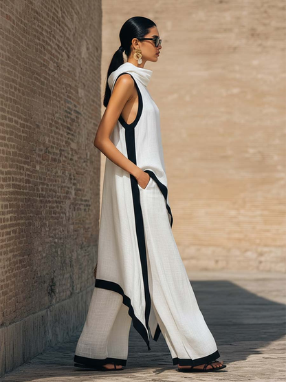 Conjunto de dos piezas de lino y algodón elegante con corte artístico