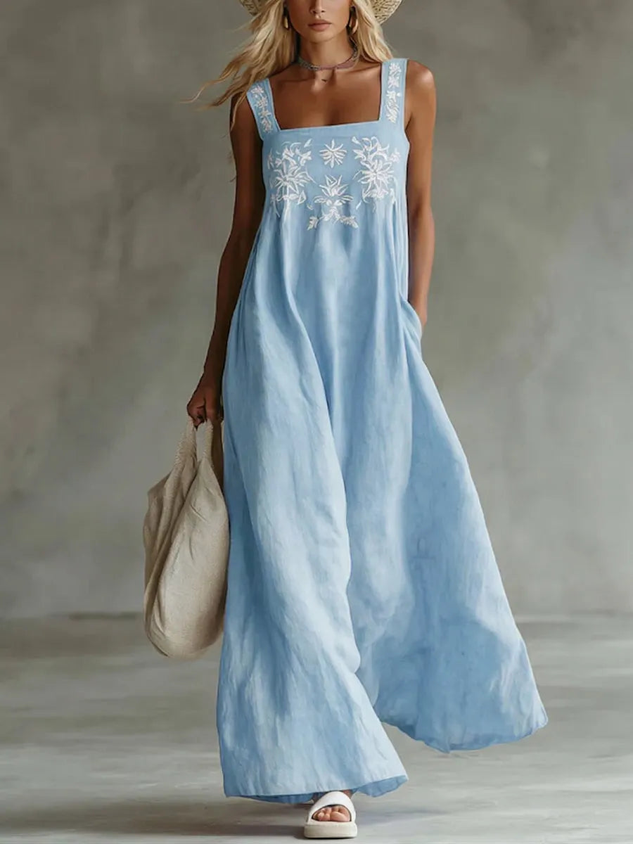Casual Bohemian Floral-print Cotton-linen Dress