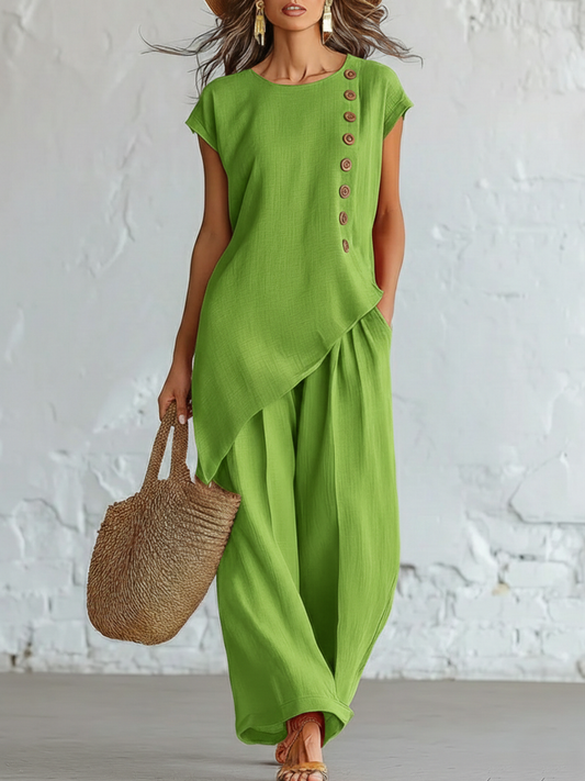 Conjunto de lino y algodón con botones, informal, cómodo y artístico