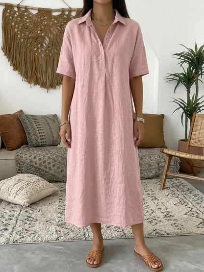 Vestido polo de algodón y lino para mujer – Vestido de verano informal de manga corta