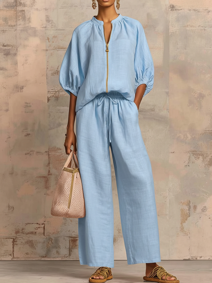 Ensemble deux pièces chemise décontractée et chic et pantalon large en lin et coton