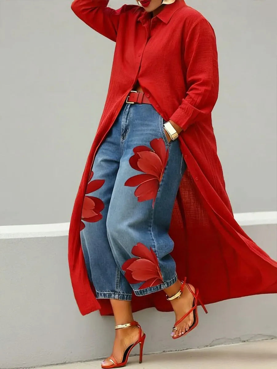 Women Casual Cotton Linen Shirt Dress Long Sleeve Shirt Collar Slim Fit Red Midi Dress