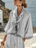 Women's Casual Cotton And Linen Holiday Striped Contrasting Print Loose Top Shorts Scarf Set
