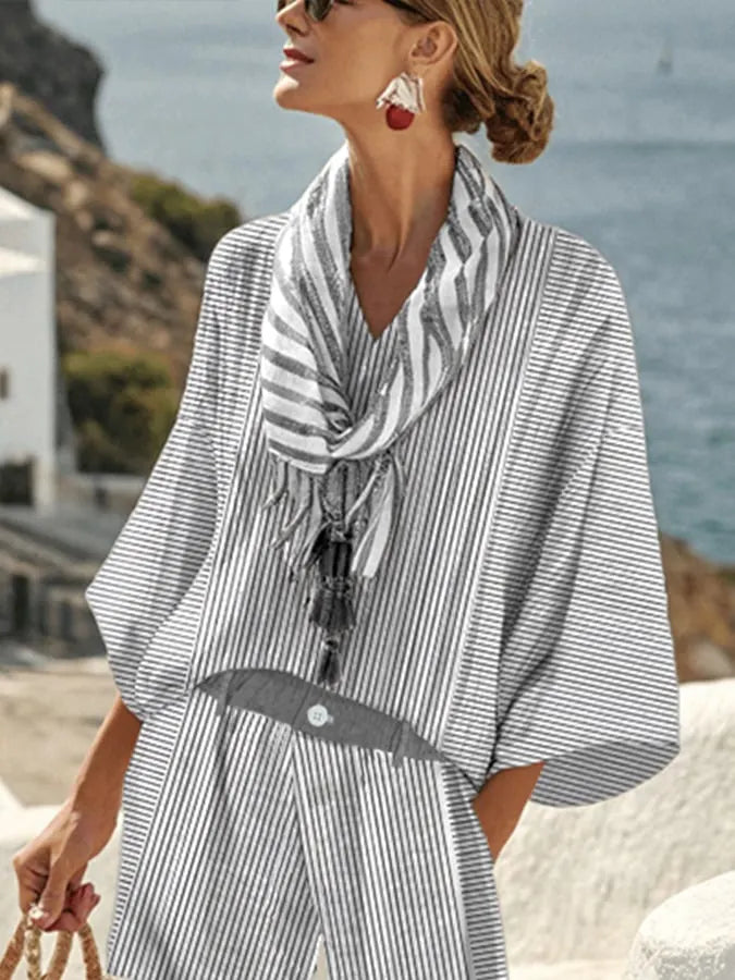 Women's Casual Cotton And Linen Holiday Striped Contrasting Print Loose Top Shorts Scarf Set
