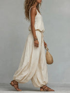 Women's Cotton-linen Embroidered Vest Lantern Wide-leg Pants