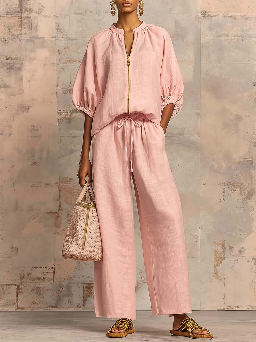 Ensemble deux pièces chemise décontractée et chic et pantalon large en lin et coton