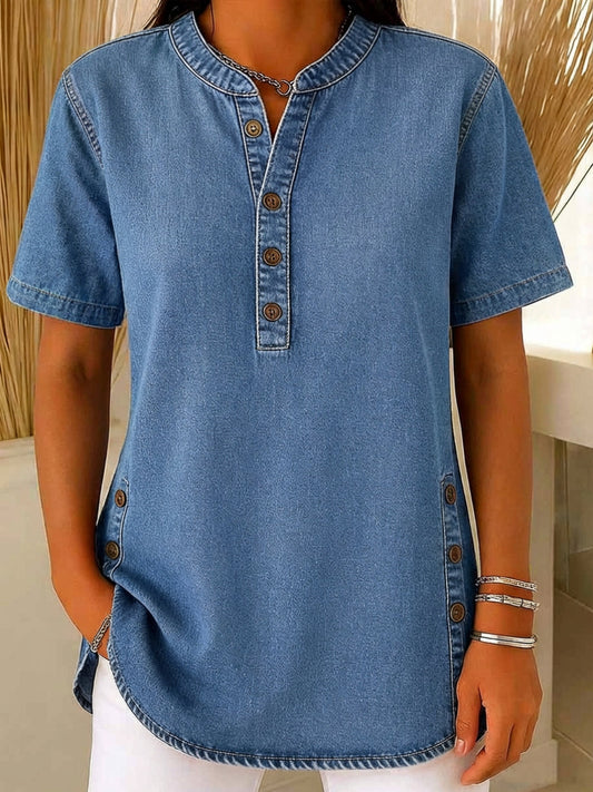 Women's V-neck short-sleeved Casual Button-up Loose Denim Top