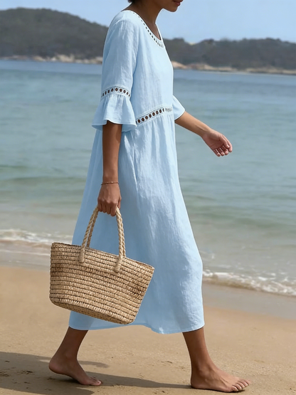 Robe ample en coton-lin confortable avec épissure en dentelle