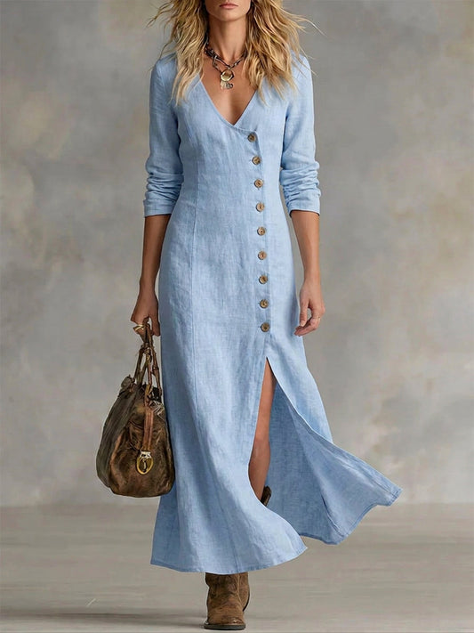 Vestido casual de lino y algodón con botones
