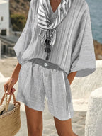 Women's Casual Cotton And Linen Holiday Striped Contrasting Print Loose Top Shorts Scarf Set