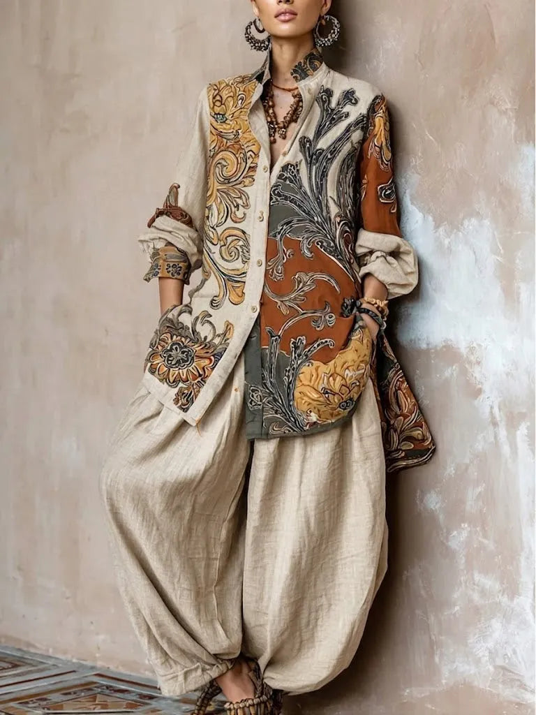Bohemian-print Linen And Cotton Shirt And Pants Two-piece Set