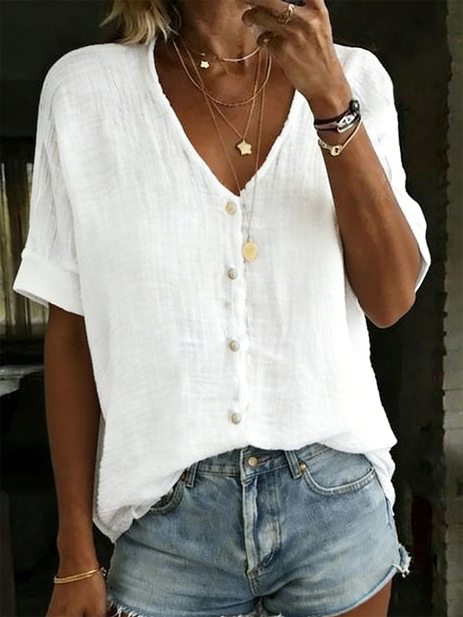 Women's Cotton Linen Loose Solid Color Short-sleeved Shirt