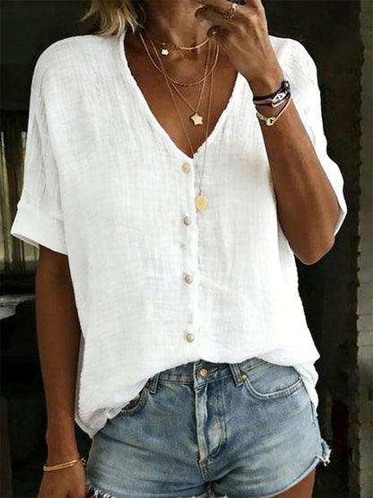Camisa de manga corta holgada de lino y algodón de color liso para mujer
