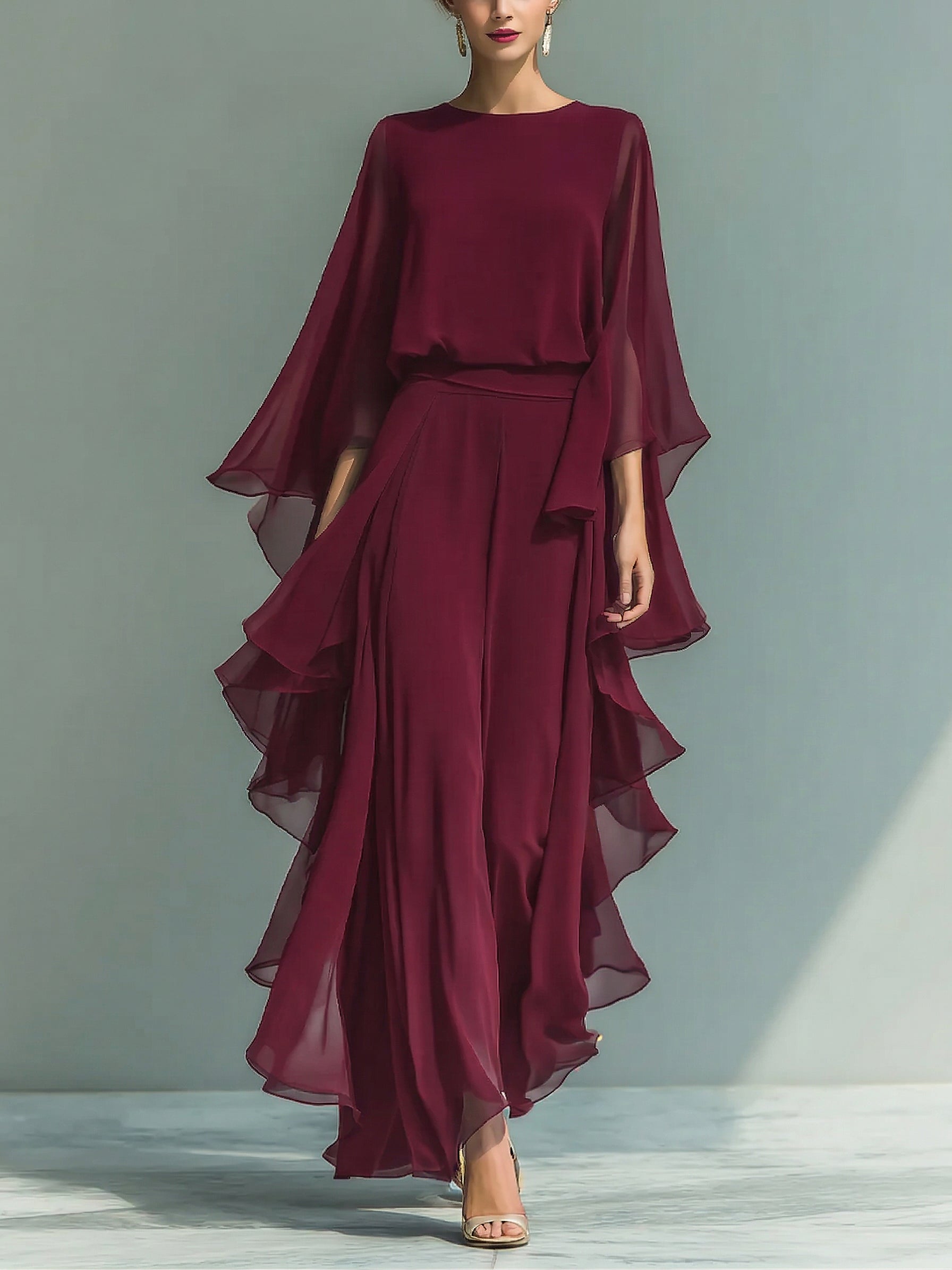 Elegant & Flowy Ruffled Shirt And Wide-leg Pants Two-piece Set