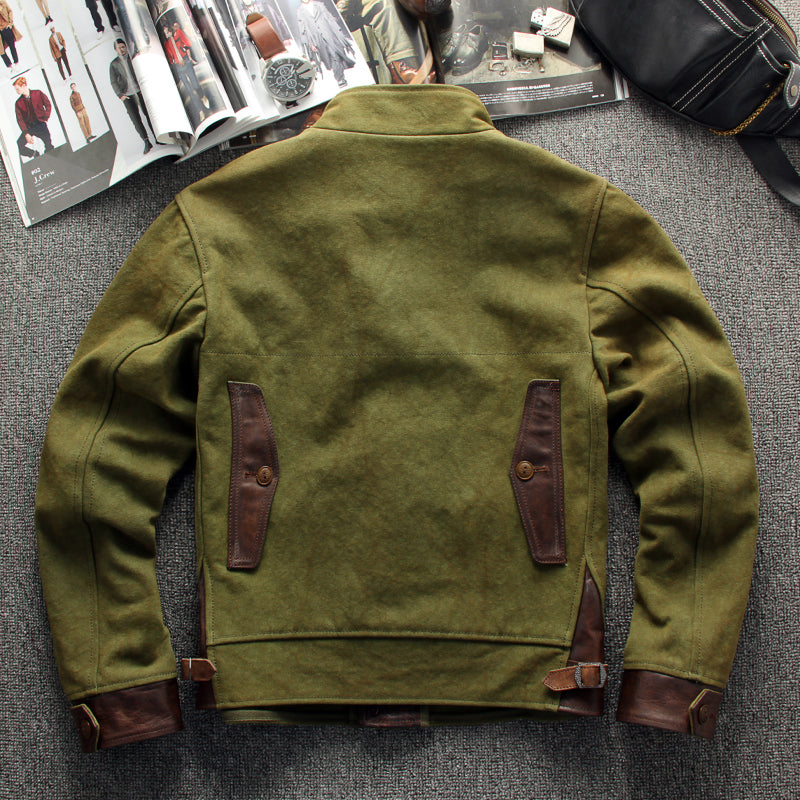 Vintage Oil Waxed Canvas Leather Biker Jacket