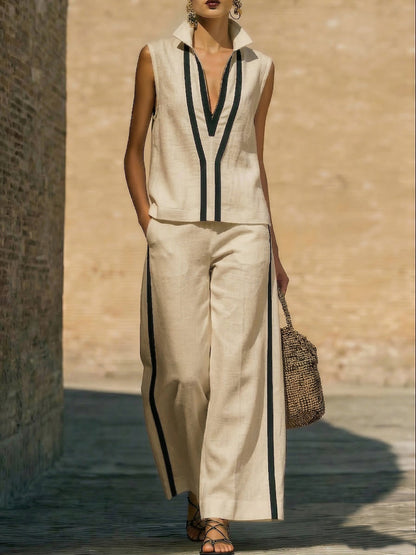 Elegant Trimmed Edge Color-blocked Cotton Linen Two-piece Set