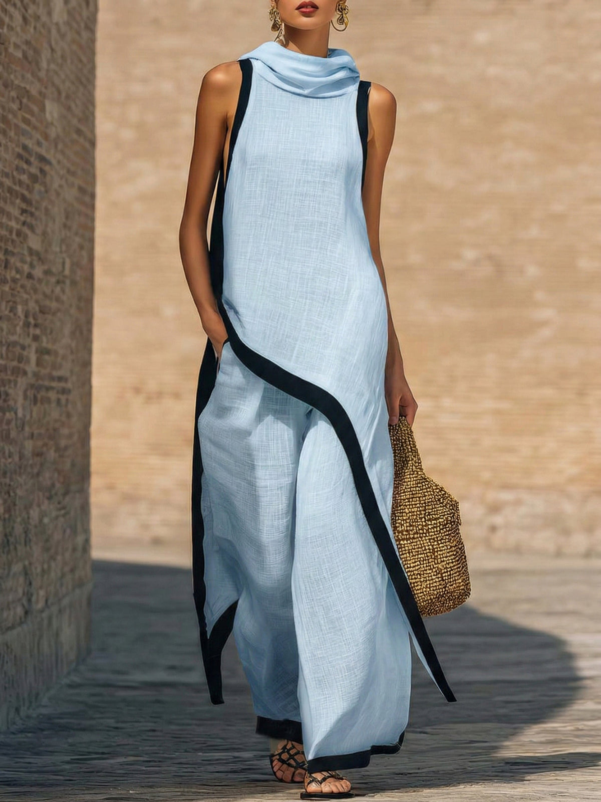 Conjunto de dos piezas de lino y algodón elegante con corte artístico