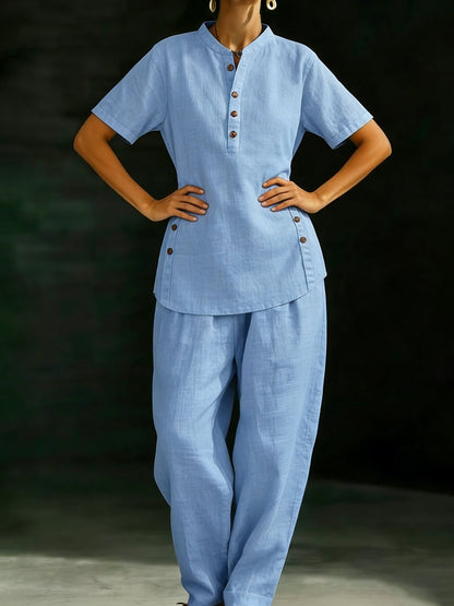 Ensemble deux pièces décontracté en lin avec chemise boutonnée et pantalon large