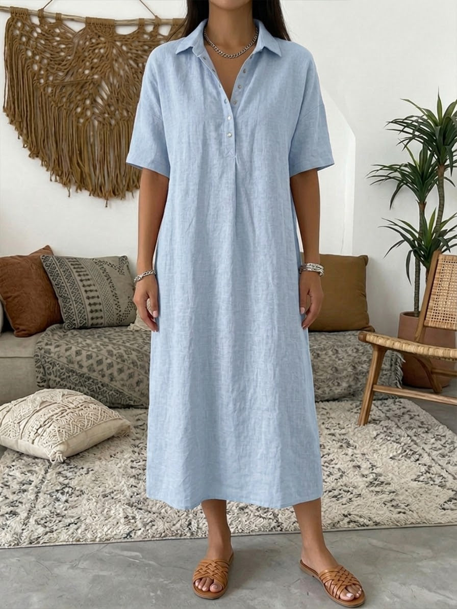Vestido polo de algodón y lino para mujer – Vestido de verano informal de manga corta