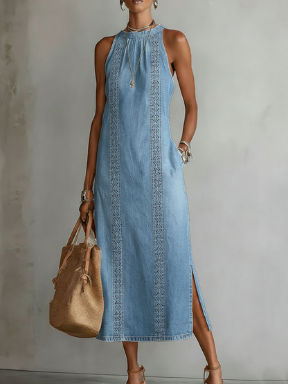 Retro Cozy Lace Print Denim Midi Dress