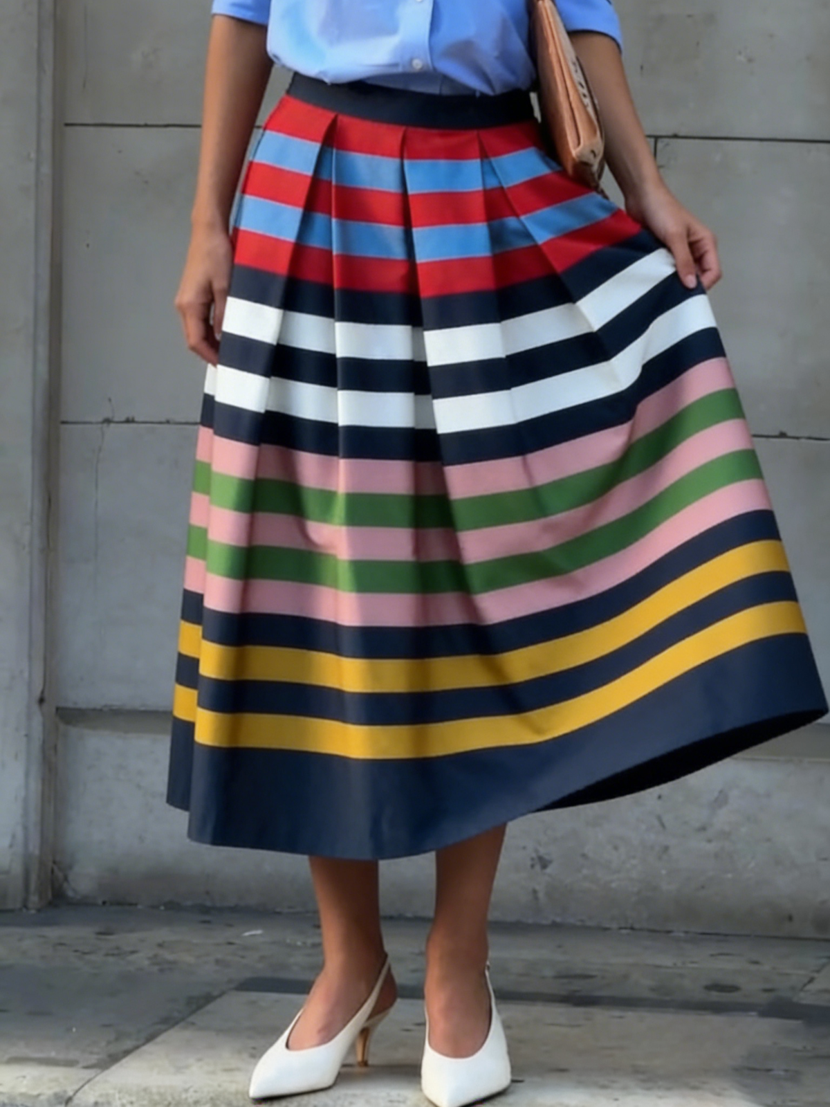 Artistic Colorful Striped Print Pleated Skirt