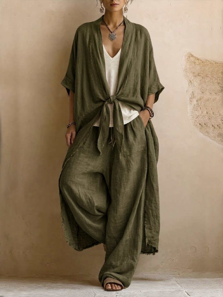 Conjunto de dos piezas de lino y algodón estilo bohemio: cárdigan largo y pantalón