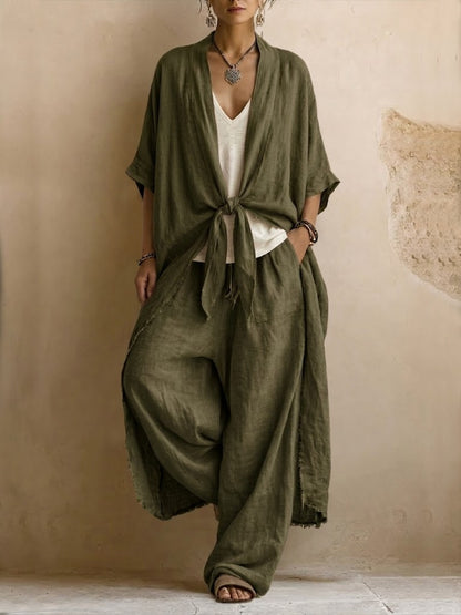 Conjunto de dos piezas de lino y algodón estilo bohemio: cárdigan largo y pantalón