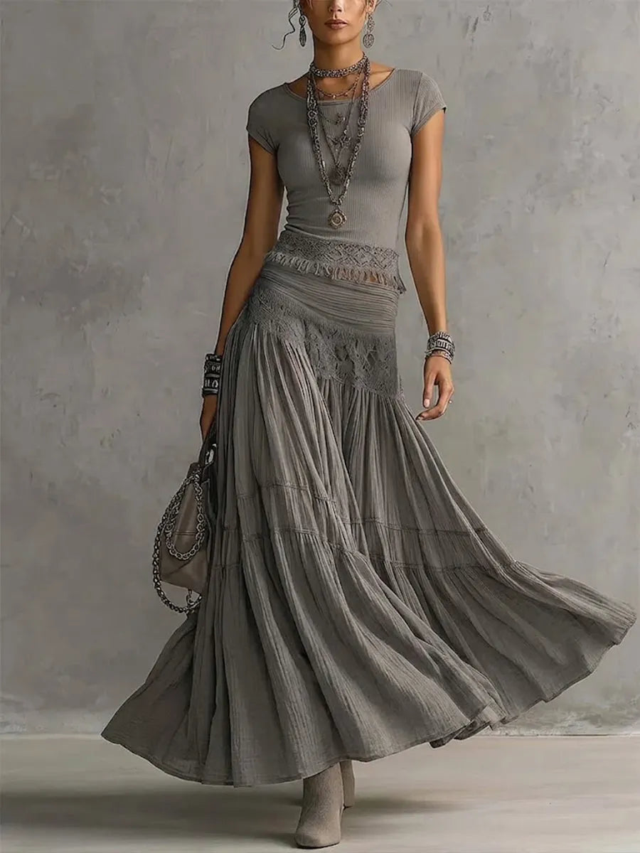 Casual Bohemian Short-sleeve T-shirt And Skirt Two-piece Set
