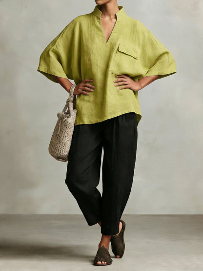 Elegant Stand-up Collar Loose Linen Cotton Two-piece Set