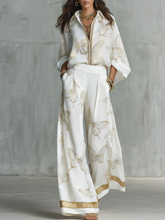 Conjunto de dos piezas suelto Casual Elegante Estampado Mariposa Dorada