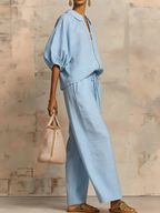 Stylish Peter Pan Collar Zip-up Shirt And Wide-leg Pant Linen Cotton Set