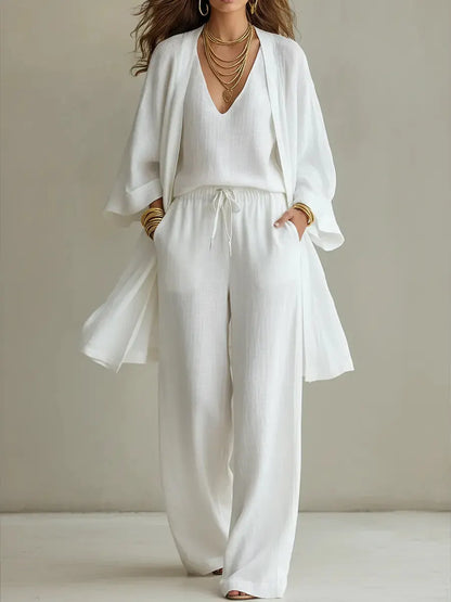 Women's Minimalist Cotton And Linen Wide-leg Pants Three-piece Set