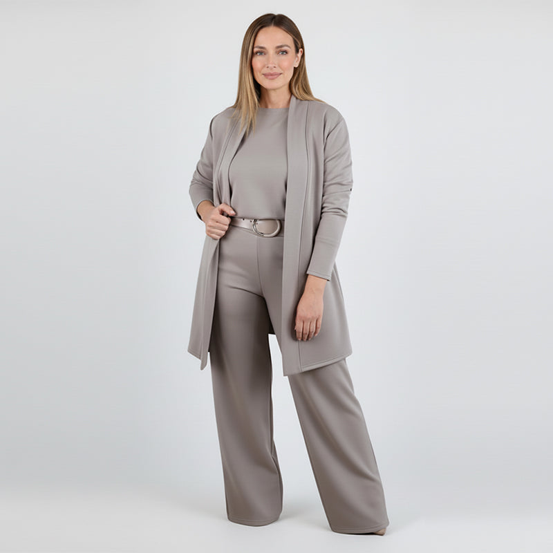Elegante conjunto de 3 piezas que incluye cárdigan largo, top y pantalón