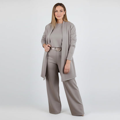 Elegante conjunto de 3 piezas que incluye cárdigan largo, top y pantalón